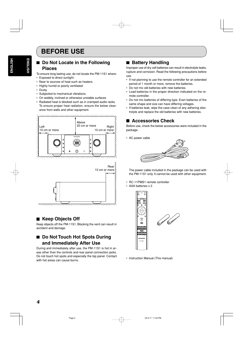 Before use, 77 do not locate in the following places, 77 keep objects off | 77 battery handling, 77 accessories check | Marantz PM-11S1 User Manual | Page 8 / 29