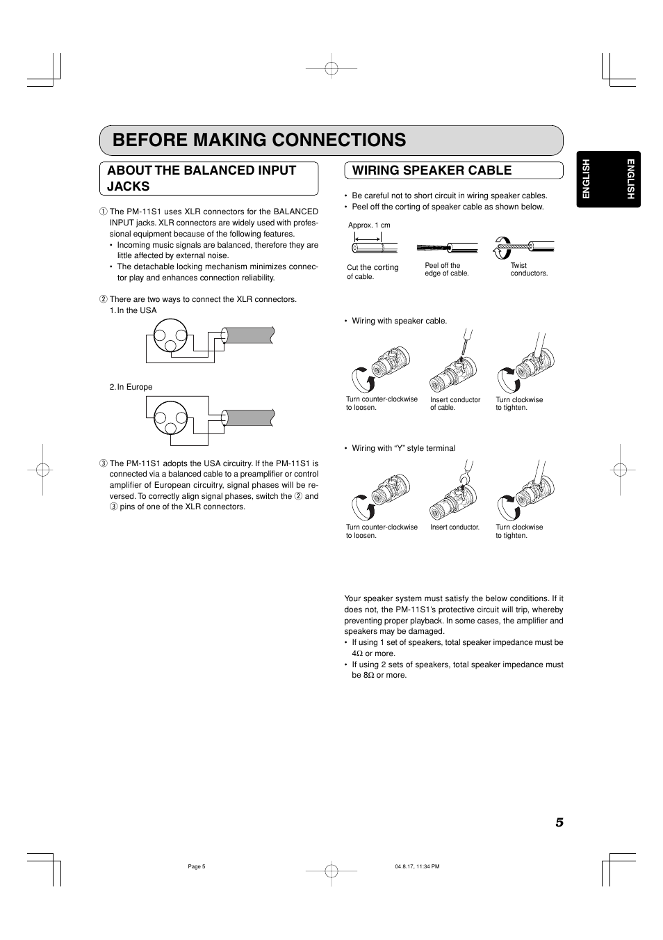 Before making connections, About the balanced input jacks, Wiring speaker cable | Marantz PM-11S1 User Manual | Page 9 / 29