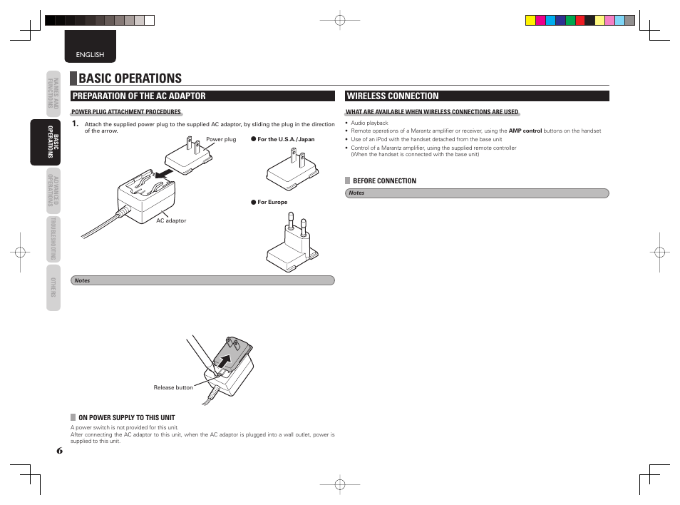 Basic operations, Preparation of the ac adaptor, Wireless connection | Marantz IS301 User Manual | Page 12 / 26