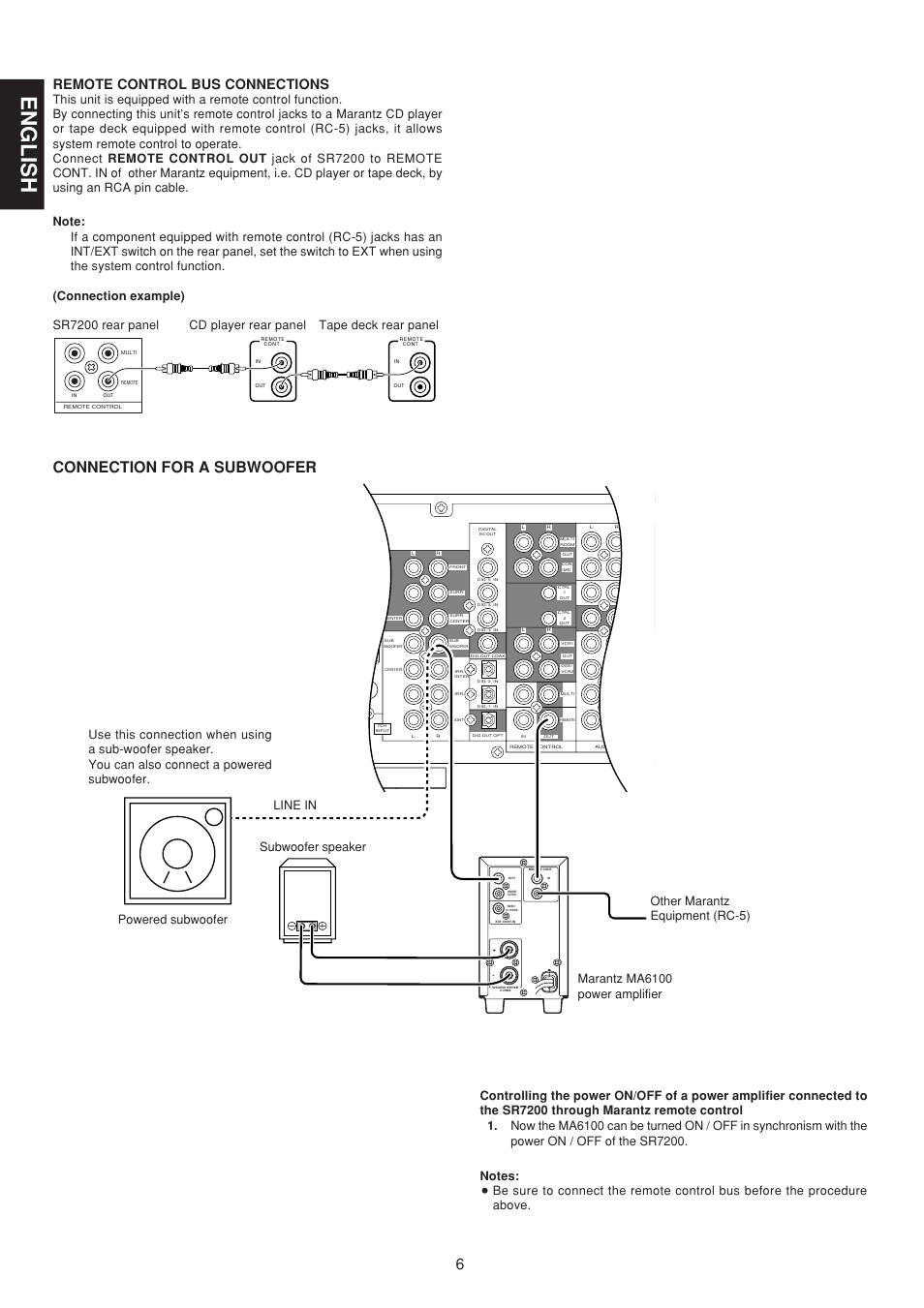 English, Connection for a subwoofer, Remote control bus connections | Marantz SR7200 User Manual | Page 13 / 39