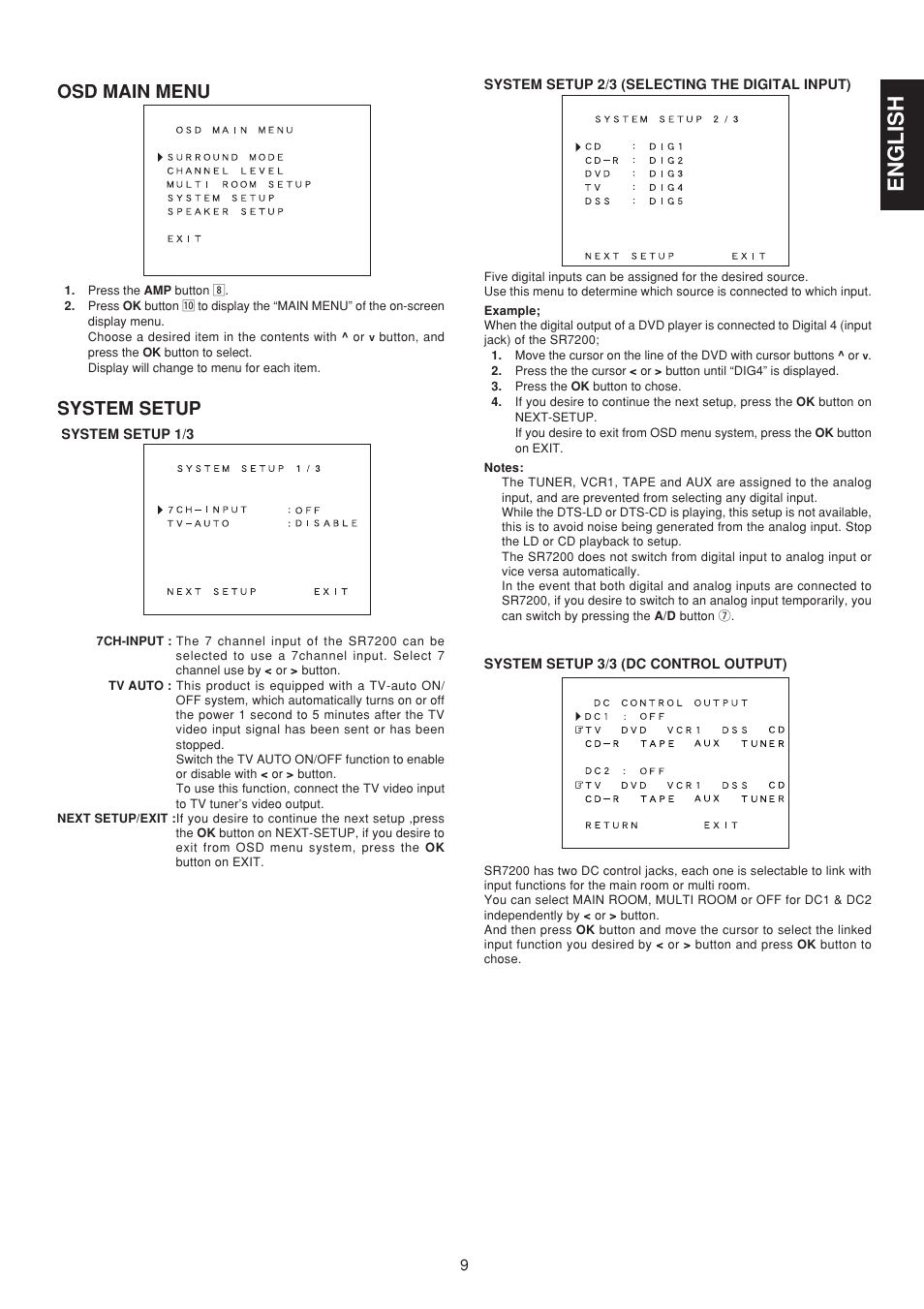 English, Osd main menu, System setup | Marantz SR7200 User Manual | Page 16 / 39