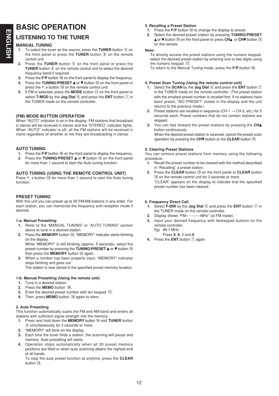 Basic operation, English, Listening to the tuner | Marantz SR7200 User Manual | Page 19 / 39