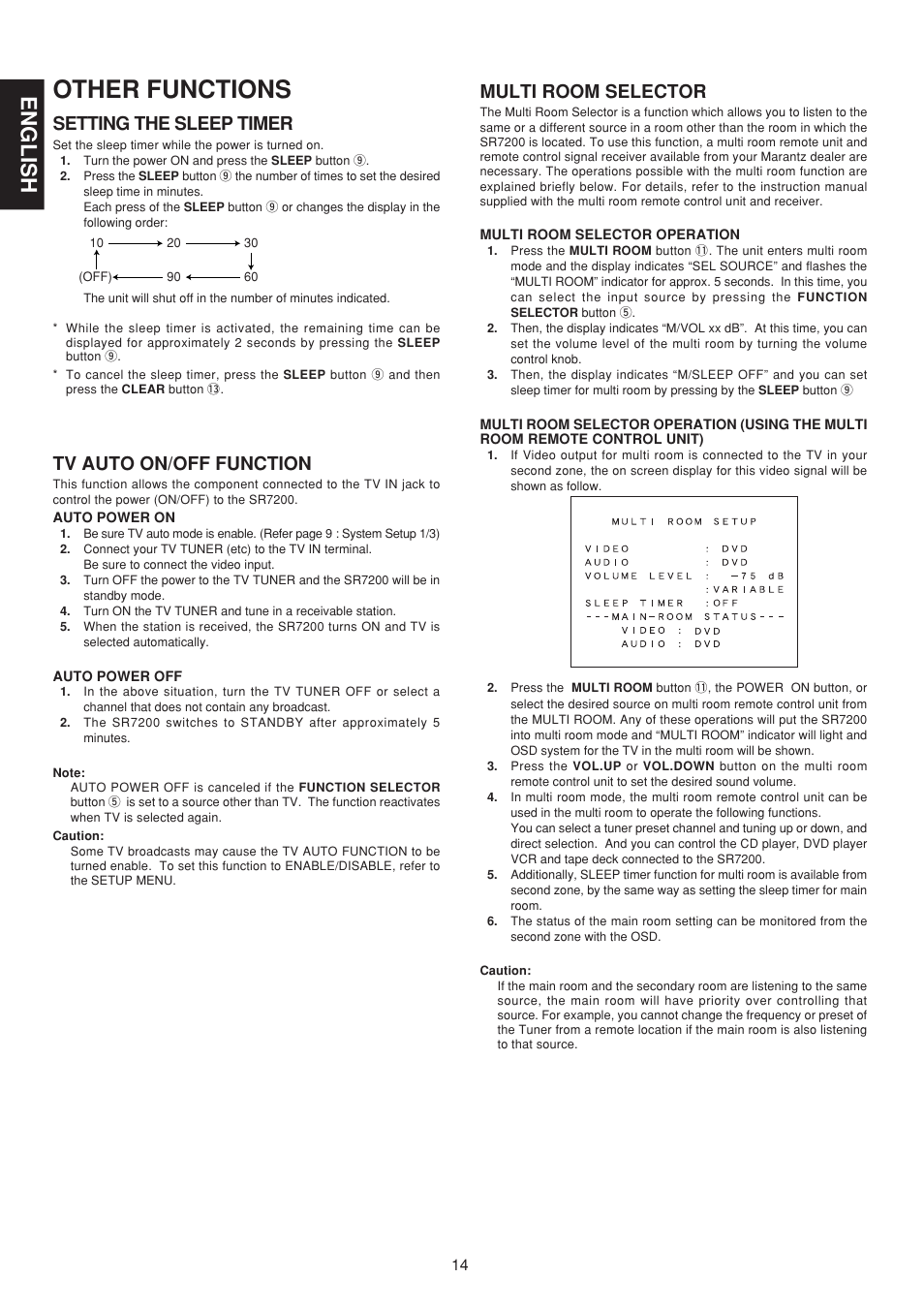 Other functions, English, Setting the sleep timer | Tv auto on/off function, Multi room selector | Marantz SR7200 User Manual | Page 21 / 39