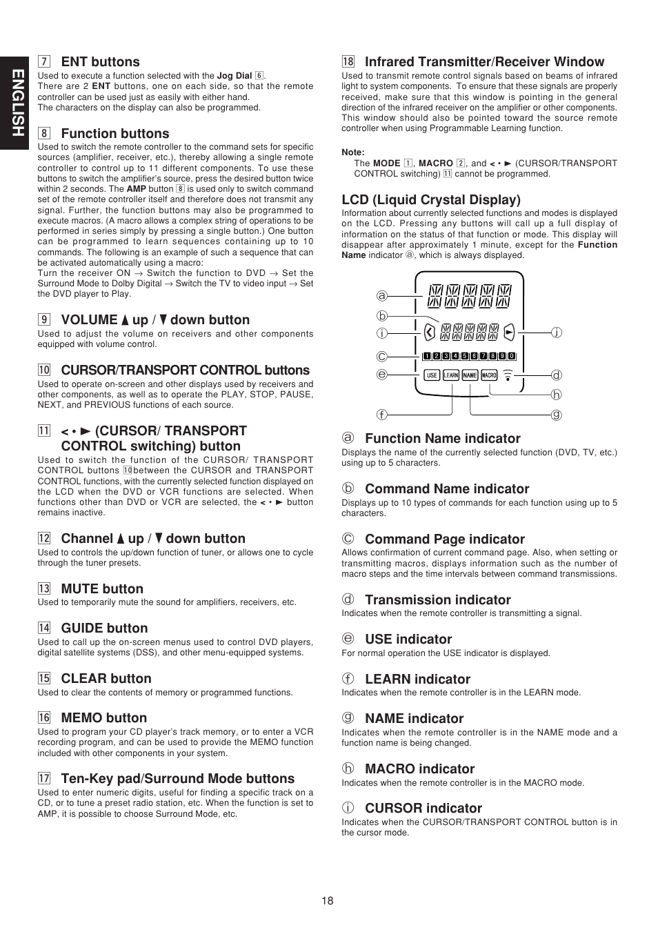 Main features & functions, Names of parts & functions, English | M ent buttons, Function buttons, Volume up / down button, 0 cursor/transport control buttons, 2 channel up / down button, 3 mute button, 4 guide button | Marantz SR7200 User Manual | Page 25 / 39