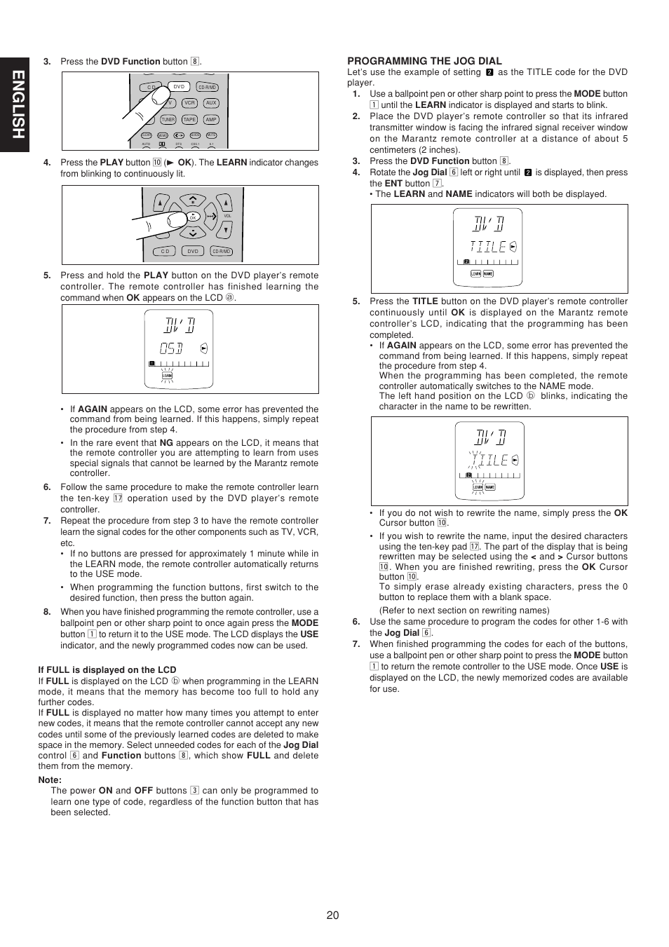 English, Programming the jog dial | Marantz SR7200 User Manual | Page 27 / 39