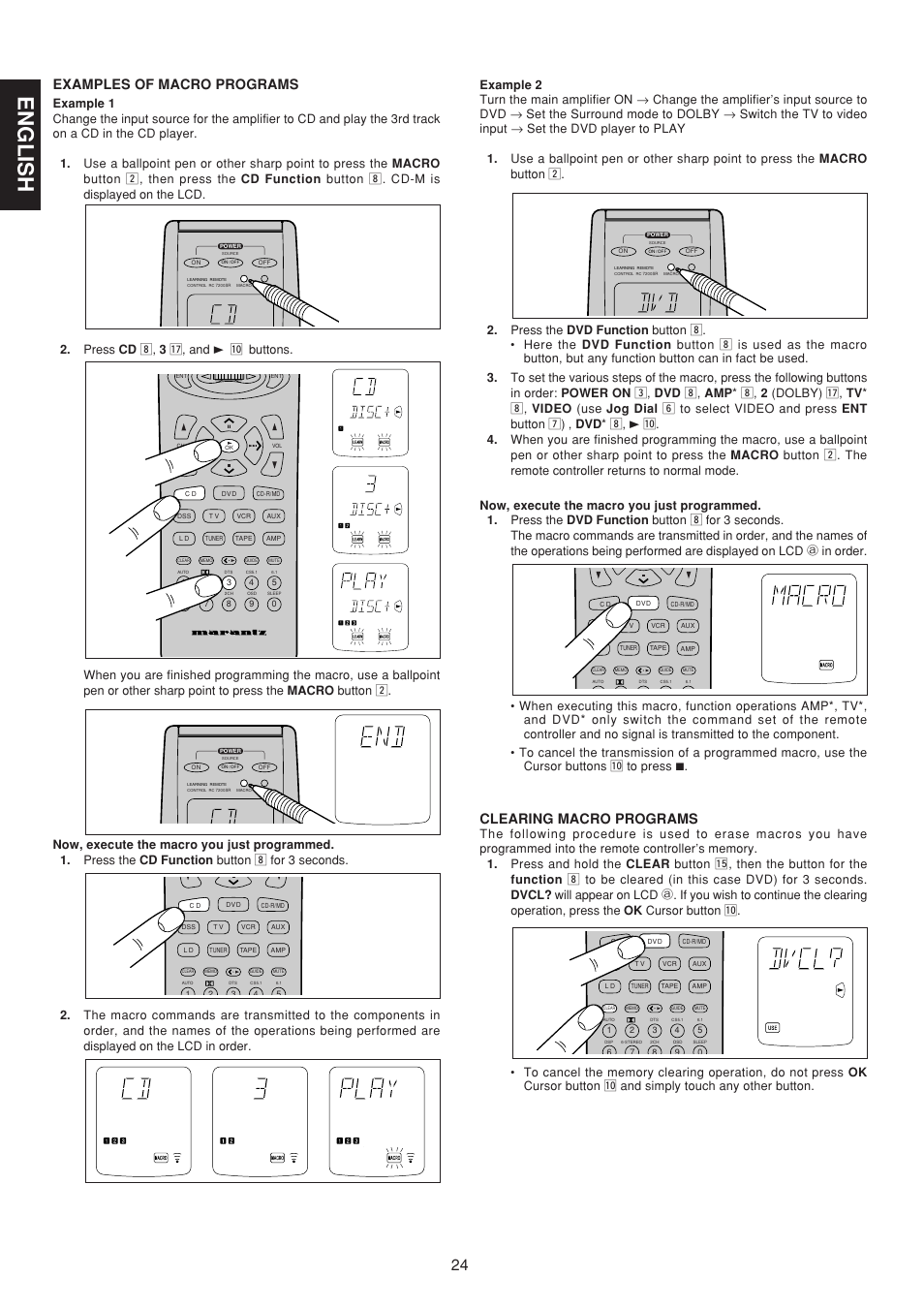 English, Examples of macro programs, Clearing macro programs | Marantz SR7200 User Manual | Page 31 / 39