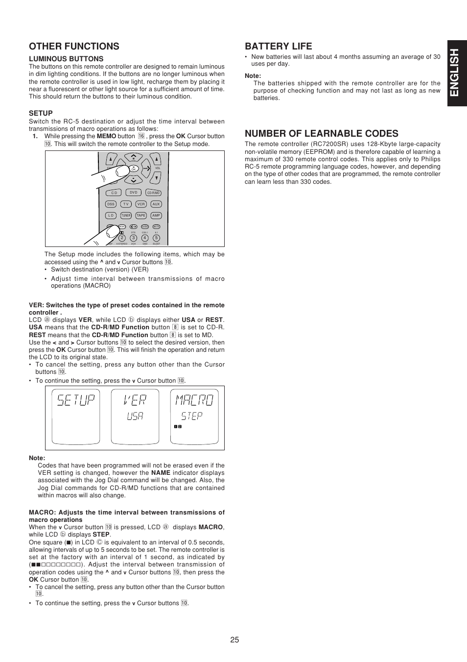 English, Other functions, Battery life | Number of learnable codes, Luminous buttons, Setup | Marantz SR7200 User Manual | Page 32 / 39