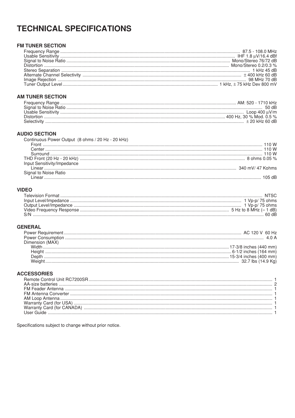 Technical specifications | Marantz SR7200 User Manual | Page 38 / 39