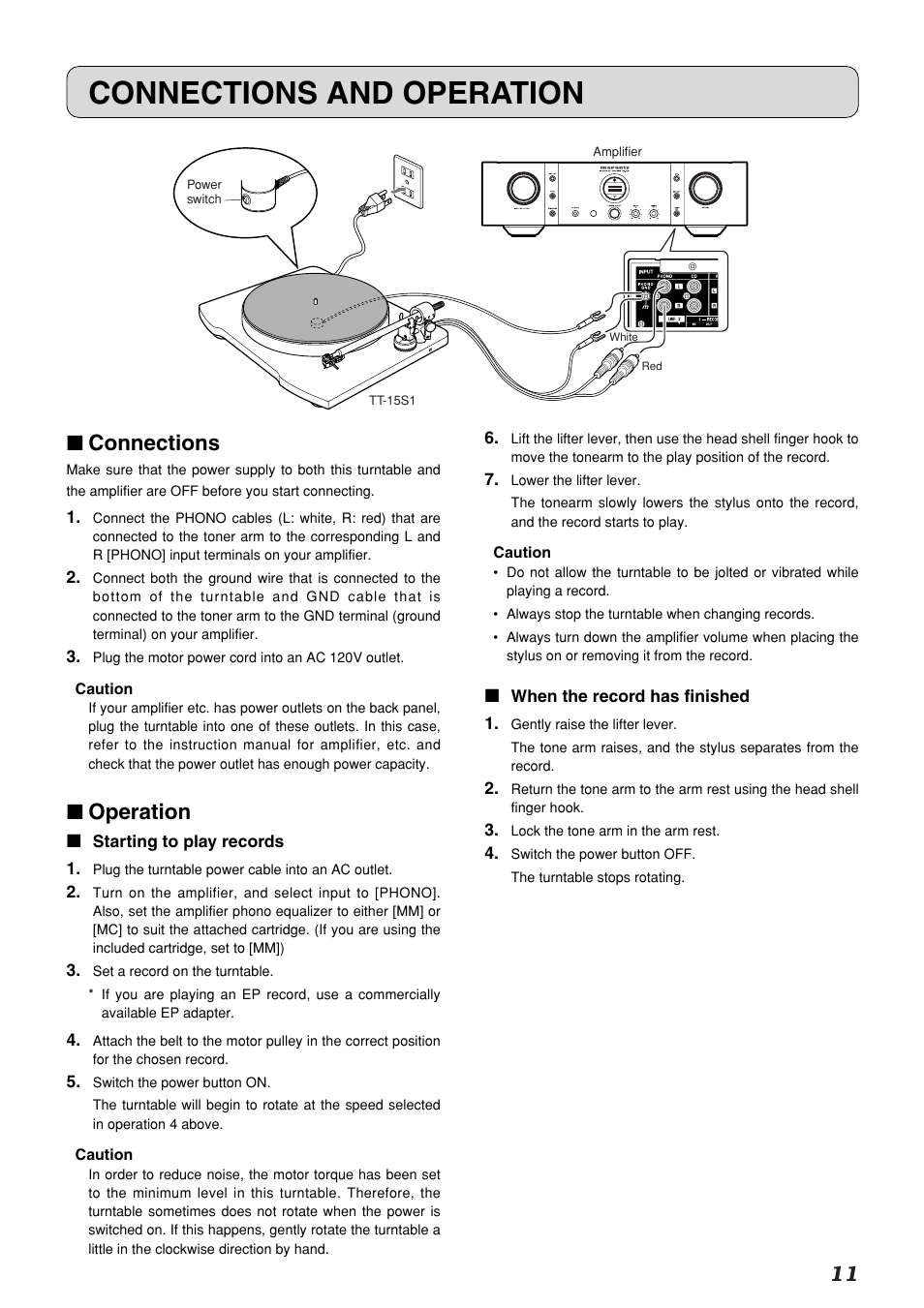 Connections and operation, Connections, Operation 7 | Marantz TT-15S1 User Manual | Page 15 / 19