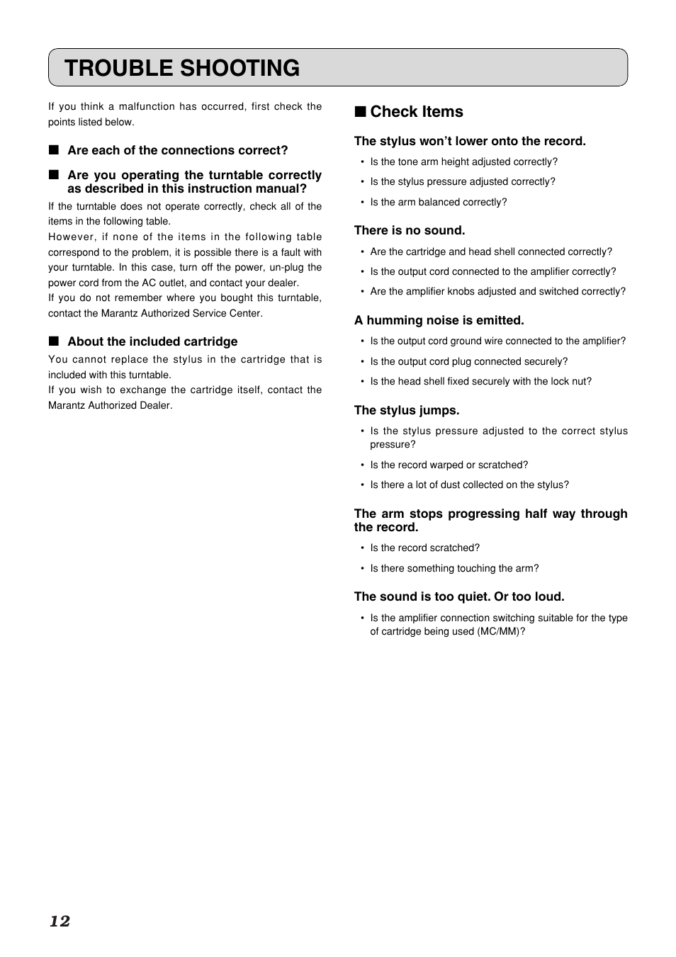 Trouble shooting, Check items | Marantz TT-15S1 User Manual | Page 16 / 19