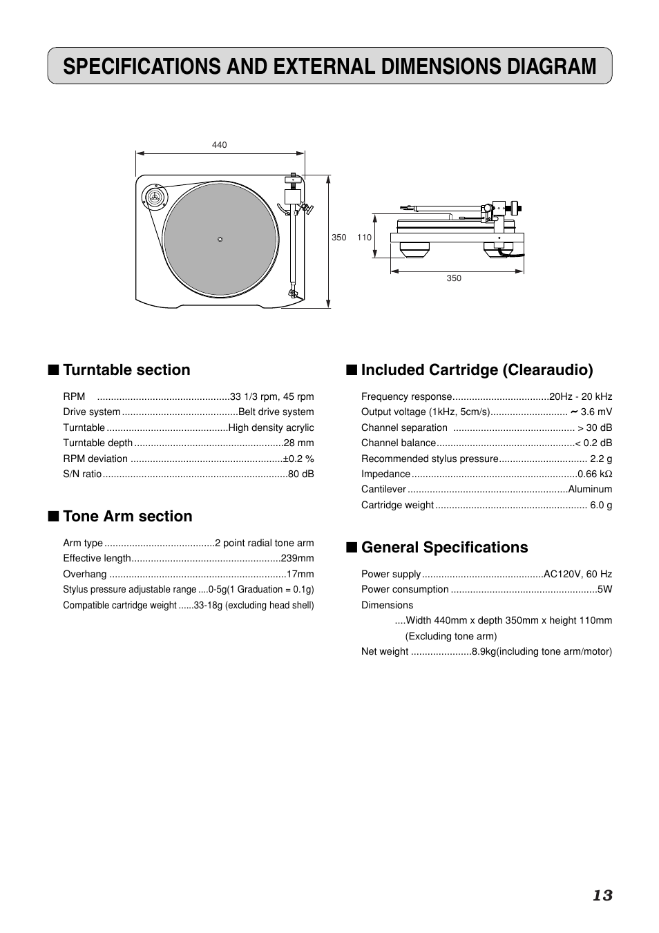 Specifications and external dimensions diagram, Included cartridge (clearaudio), General specifications | Marantz TT-15S1 User Manual | Page 17 / 19