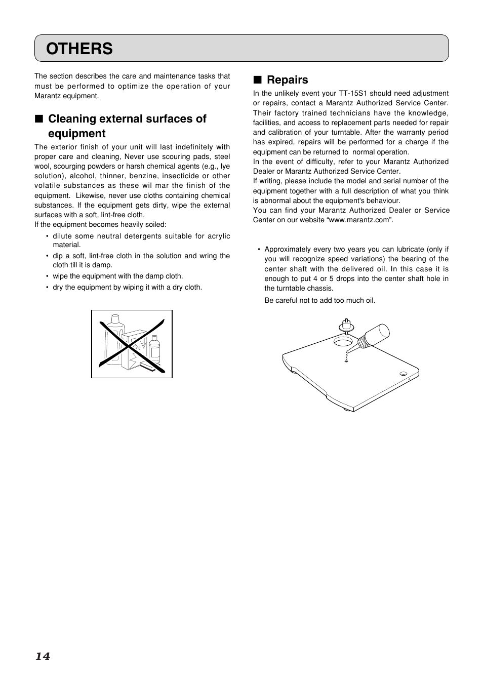 Others, Cleaning external surfaces of equipment, Repairs | Marantz TT-15S1 User Manual | Page 18 / 19