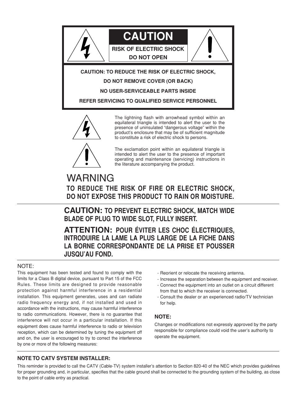 Warning, Caution, Attention | Marantz TT-15S1 User Manual | Page 2 / 19