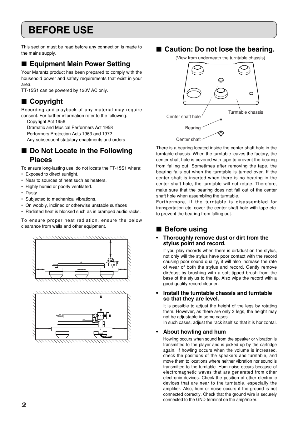 Before use, Equipment main power setting, Copyright | Do not locate in the following places, Caution: do not lose the bearing, Before using | Marantz TT-15S1 User Manual | Page 6 / 19