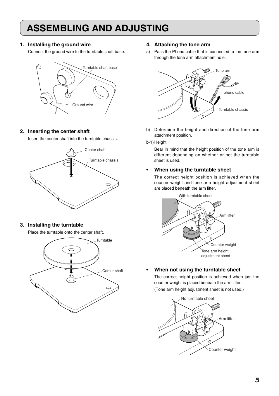 Assembling and adjusting | Marantz TT-15S1 User Manual | Page 9 / 19