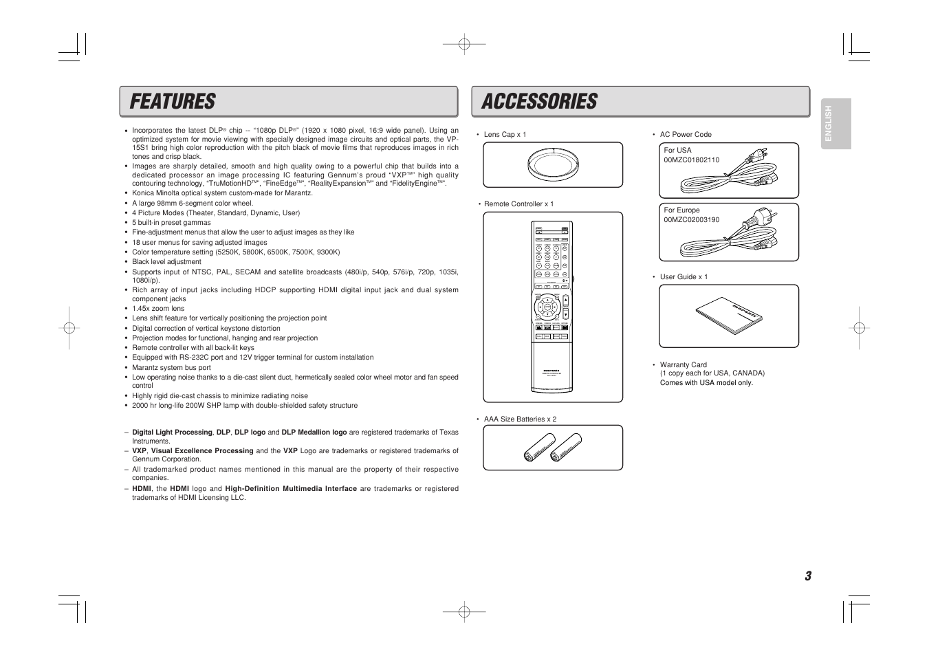 Features, Accessories | Marantz VP-15S1 User Manual | Page 11 / 47