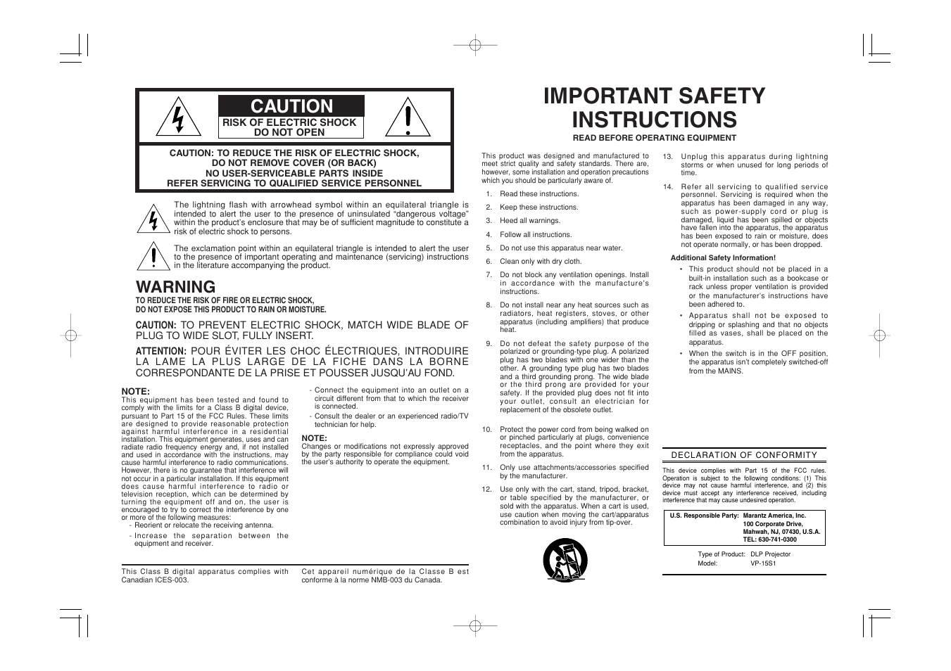 Important safety instructions, Caution, Warning | Marantz VP-15S1 User Manual | Page 2 / 47