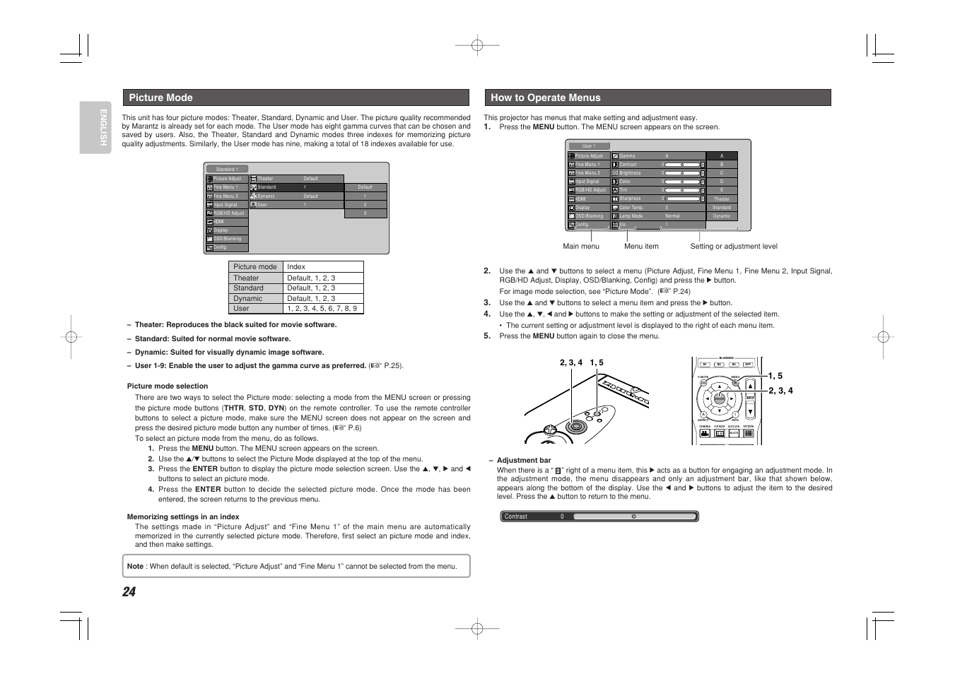 How to operate menus, Picture mode | Marantz VP-15S1 User Manual | Page 32 / 47
