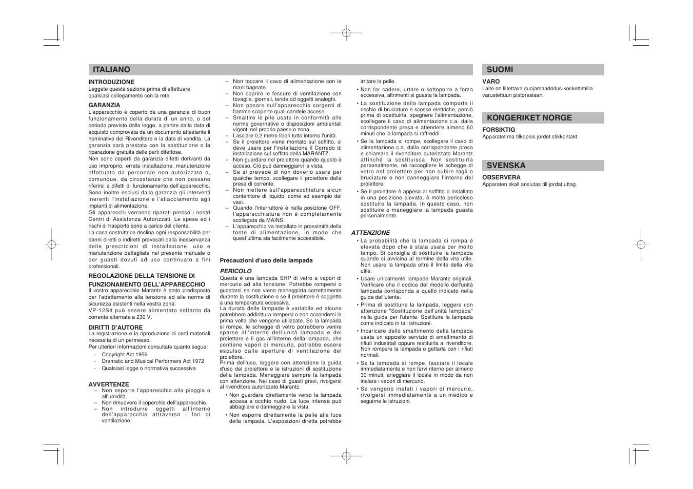 Italiano, Suomi, Kongeriket norge | Svenska | Marantz VP-15S1 User Manual | Page 8 / 47