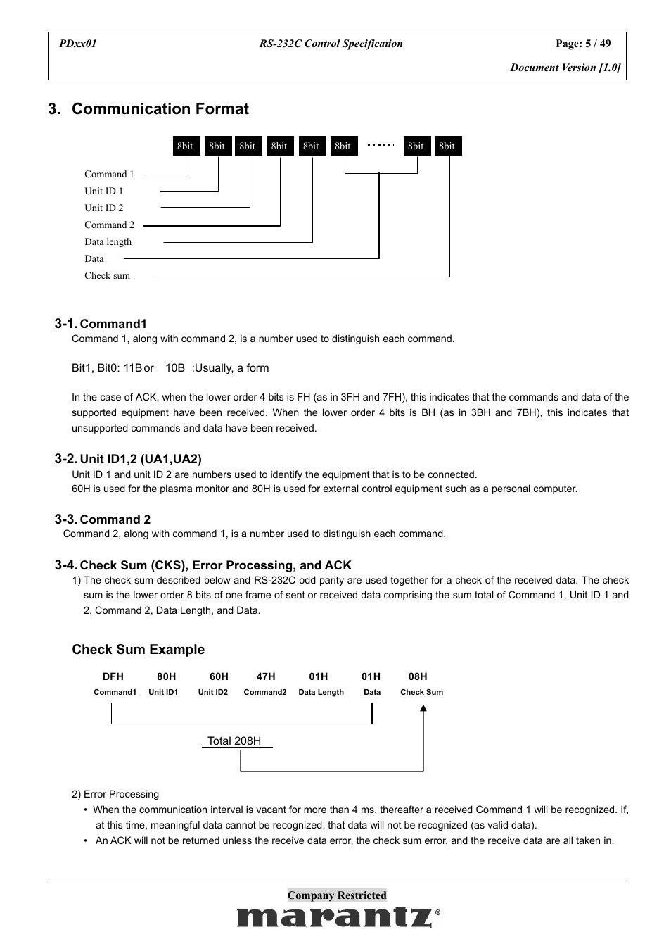 Communication format, Check sum example | Marantz PDxx01 User Manual | Page 5 / 49