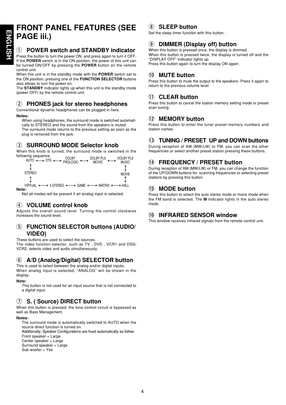 Front panel features, Front panel features (see page iii.), English | Q power switch and standby indicator, W phones jack for stereo headphones, E surround mode selector knob, R volume control knob, T function selector buttons (audio/ video), Y a/d (analog/digital) selector button, U s. ( source) direct button | Marantz SR4200 User Manual | Page 10 / 31