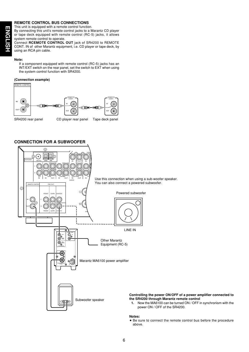 English, Connection for a subwoofer, Remote control bus connections | Marantz SR4200 User Manual | Page 12 / 31