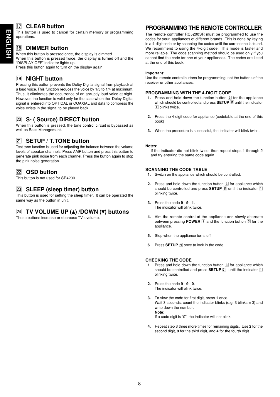 Programming the remote controller, English, 7 clear button | 8 dimmer button, 9 night button, 0 s- ( source) direct button, 1 setup / t.tone button, 2 osd button, 3 sleep (sleep timer) button, 4 tv volume up ( ) /down ( ) buttons | Marantz SR4200 User Manual | Page 14 / 31