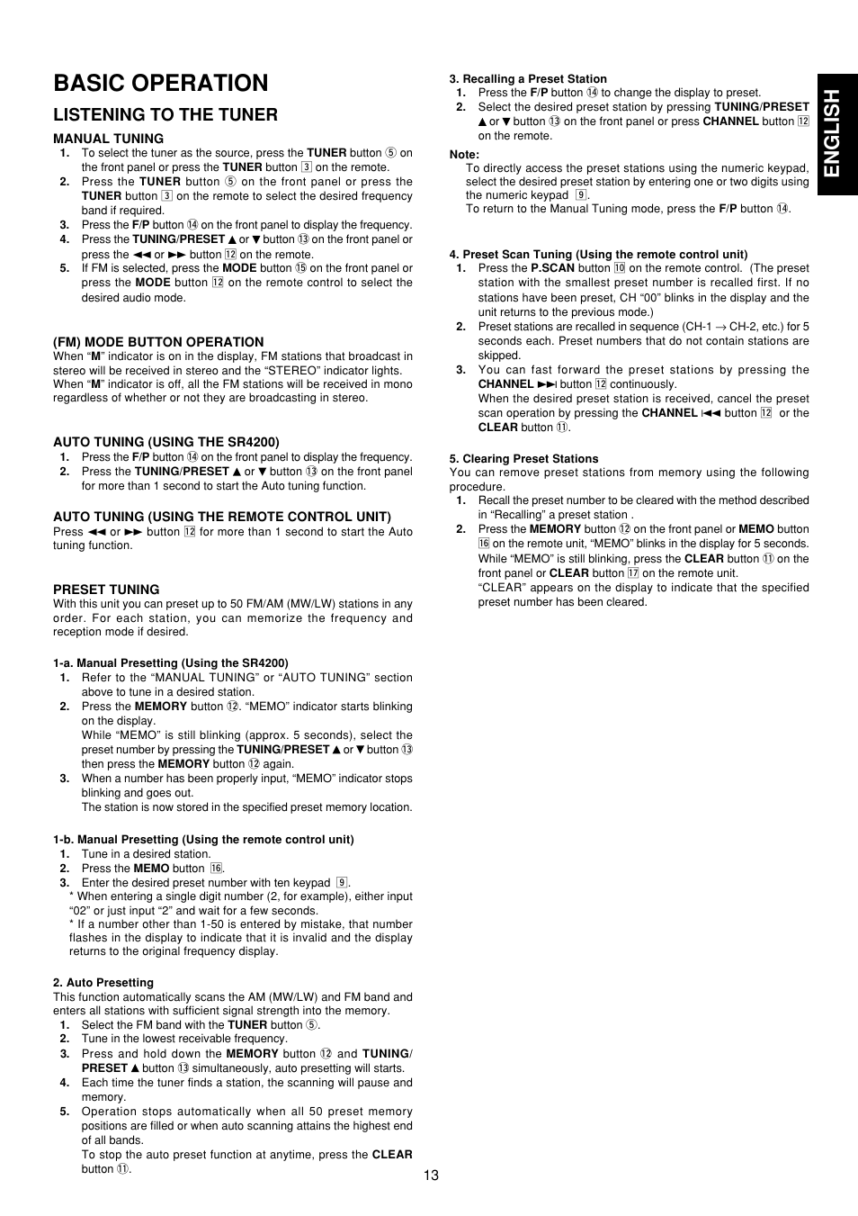Basic operation, Listening to the tuner, English | Marantz SR4200 User Manual | Page 19 / 31