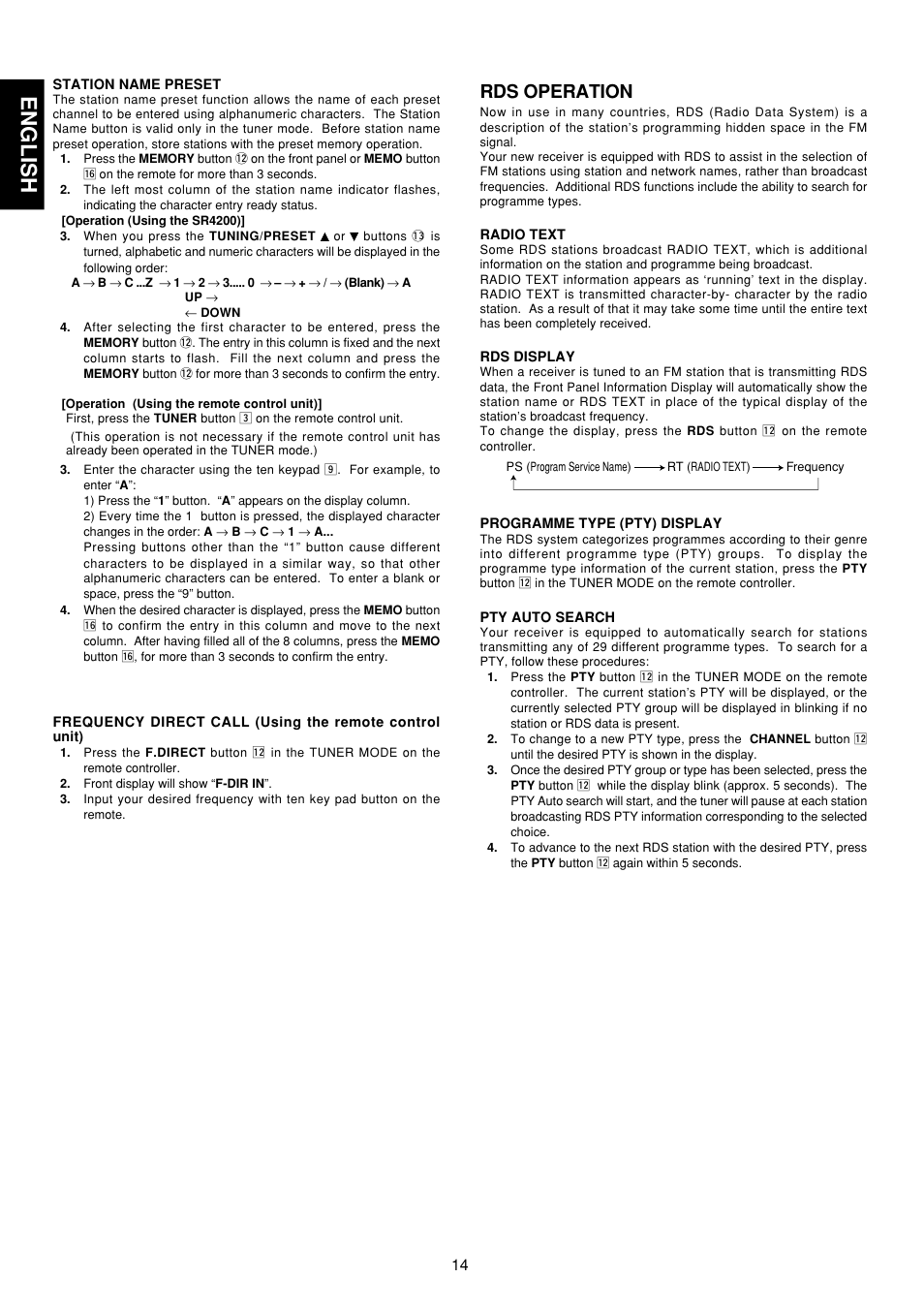 Rds operation, English | Marantz SR4200 User Manual | Page 20 / 31