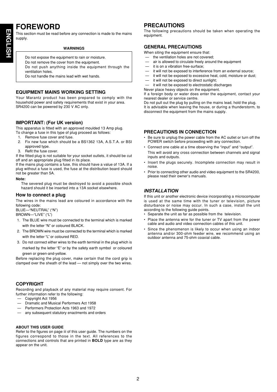 Foreword, English, Precautions | Marantz SR4200 User Manual | Page 8 / 31