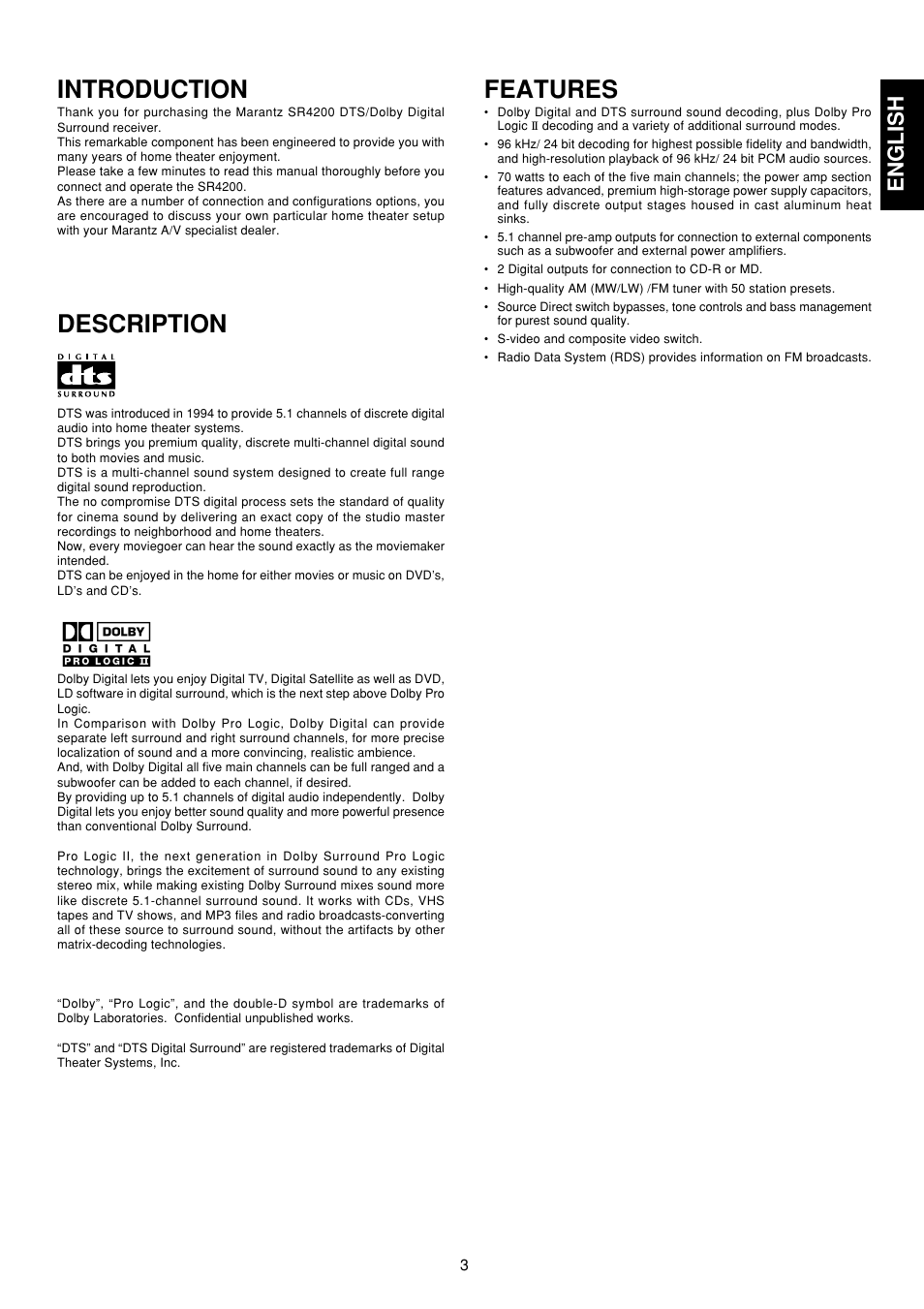 Introduction, Description, Features | English | Marantz SR4200 User Manual | Page 9 / 31