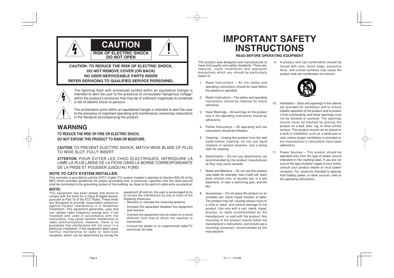 Important safety instructions, Caution, Warning | Marantz SR8400 User Manual | Page 2 / 52