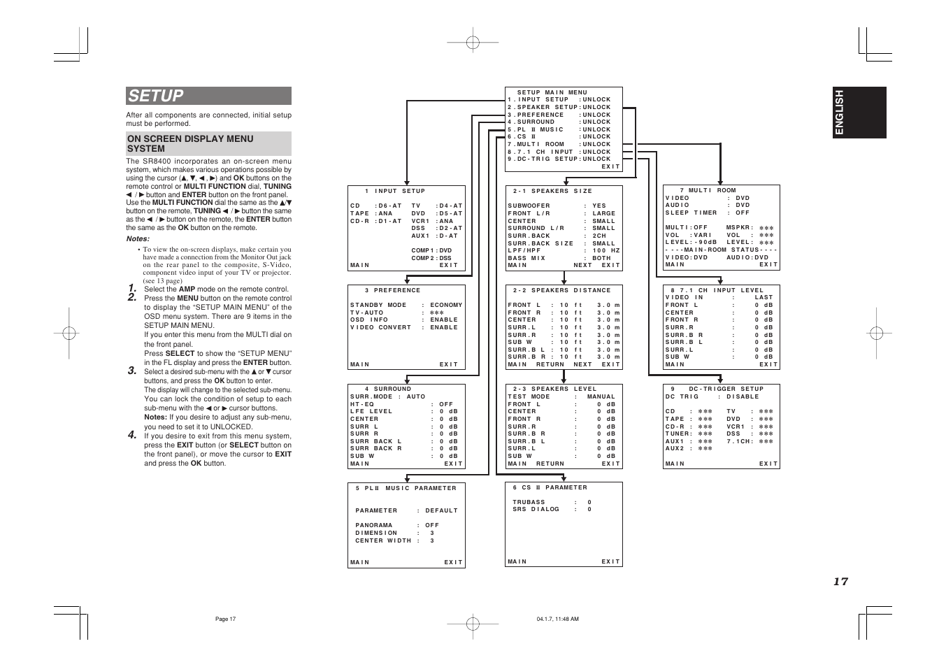 Setup, English, On screen display menu system | Marantz SR8400 User Manual | Page 20 / 52