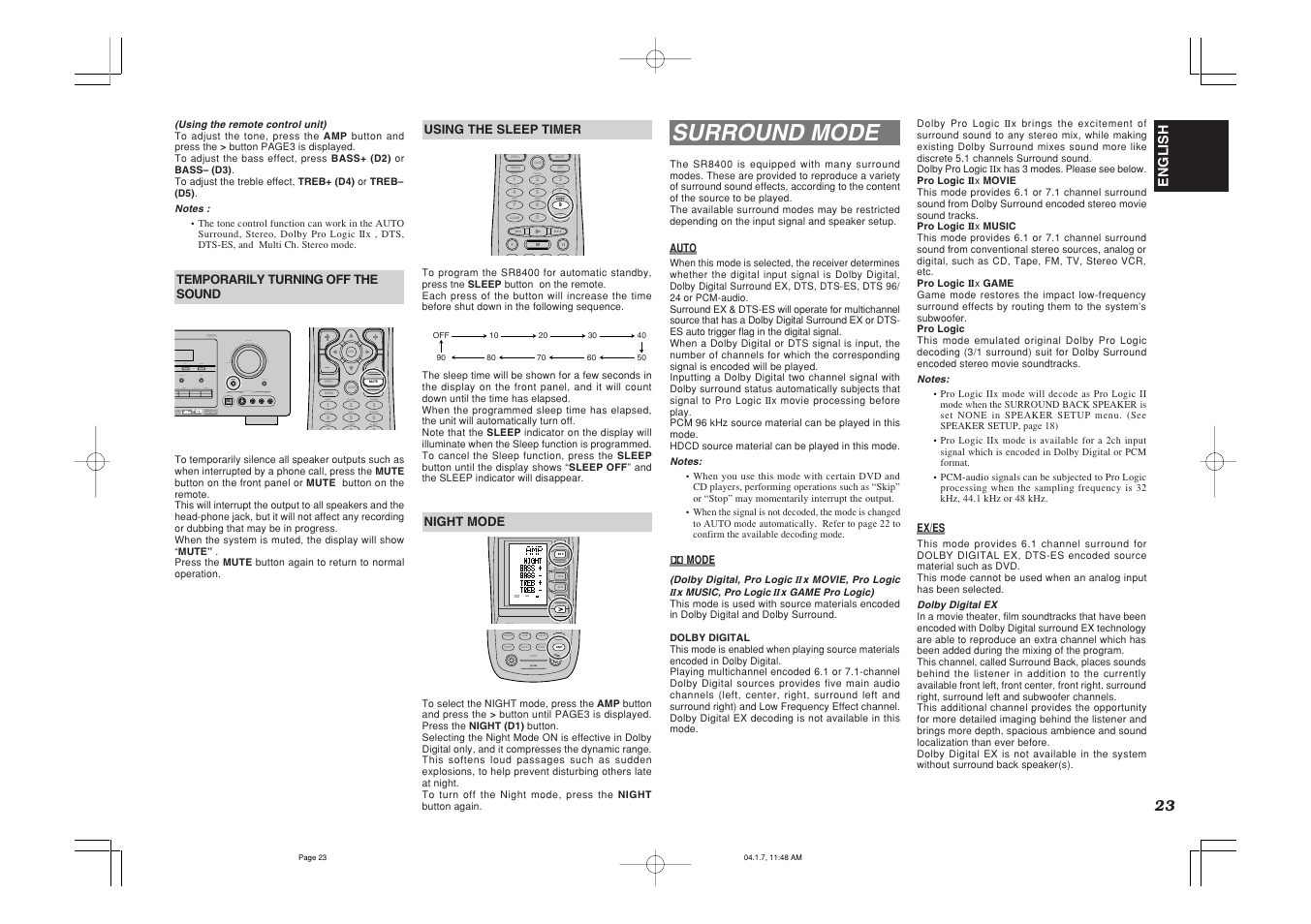 Surround mode, Test ch.sel surr 7.1ch att spk-ab disp osd sleep, Use page 3 | English | Marantz SR8400 User Manual | Page 26 / 52