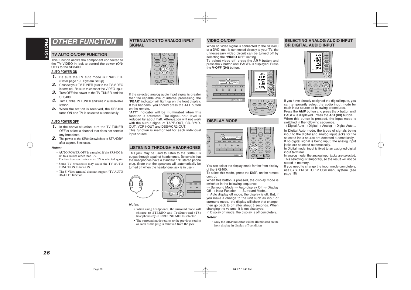Other function, Test ch.sel surr 7.1ch att spk-ab disp osd sleep, Use page 4 | Marantz SR8400 User Manual | Page 29 / 52