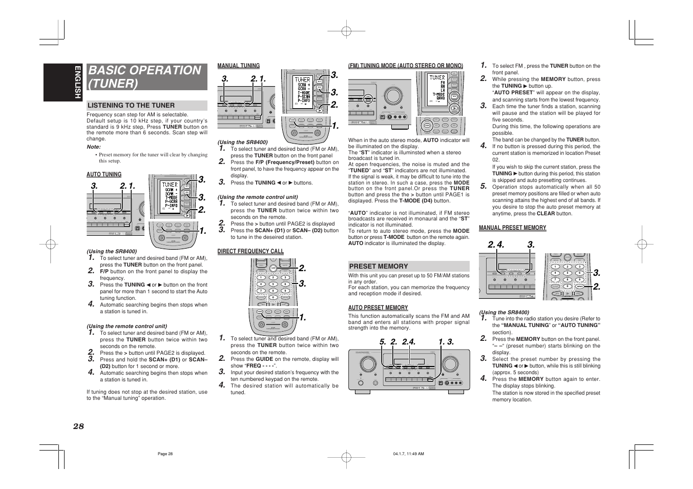 Basic operation (tuner), Tuning tuner f/p, Tuner | Use page 2, Test ch.sel surr 7.1ch att spk-ab disp osd sleep, D1 d3 d5, Use page 1 d4 | Marantz SR8400 User Manual | Page 31 / 52