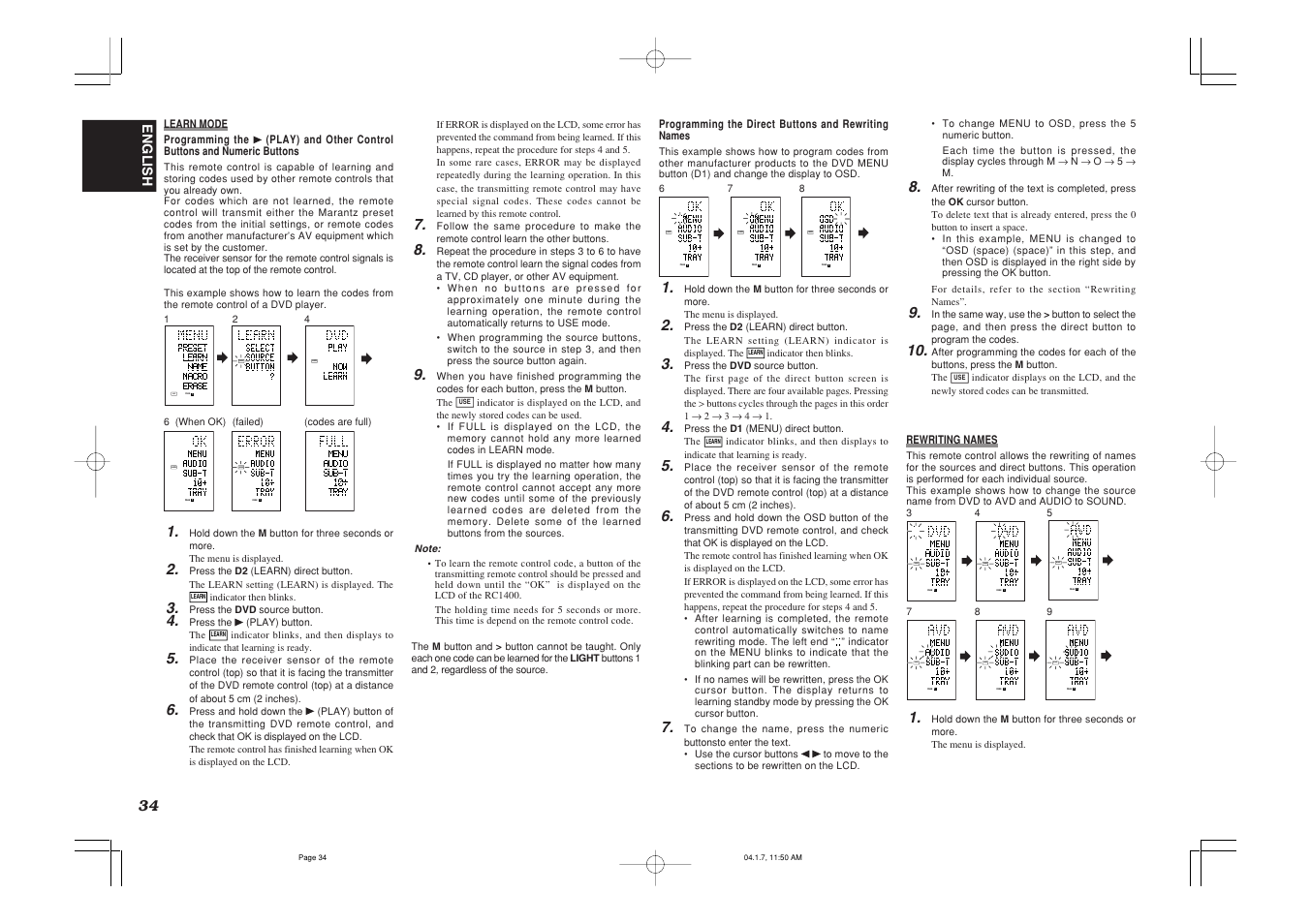 Use page, Learn, Learn page | Name page | Marantz SR8400 User Manual | Page 37 / 52