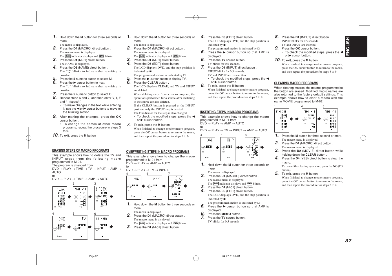 Use page, Learn macro page, Name macro page | Macro page, English | Marantz SR8400 User Manual | Page 40 / 52