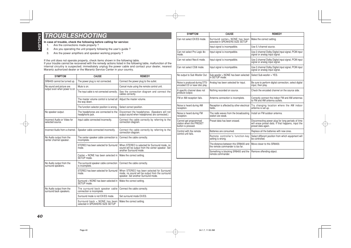 Troubleshooting | Marantz SR8400 User Manual | Page 43 / 52