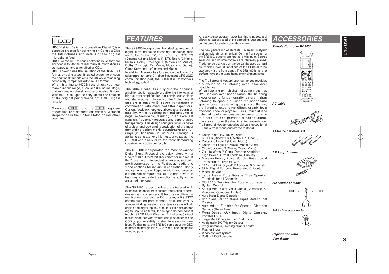 Features, Accessories | Marantz SR8400 User Manual | Page 6 / 52