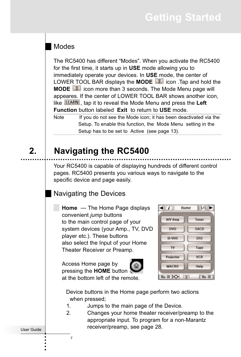 Getting started, Navigating the rc5400, Modes | Navigating the devices | Marantz RC5400 User Manual | Page 11 / 68