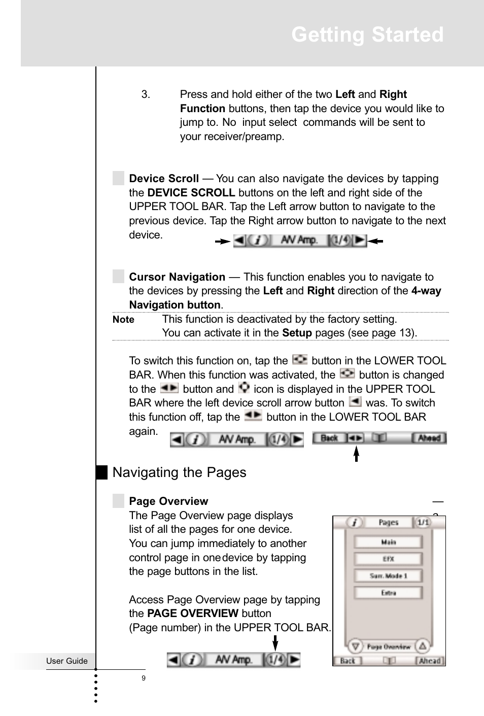 Getting started, Navigating the pages | Marantz RC5400 User Manual | Page 13 / 68