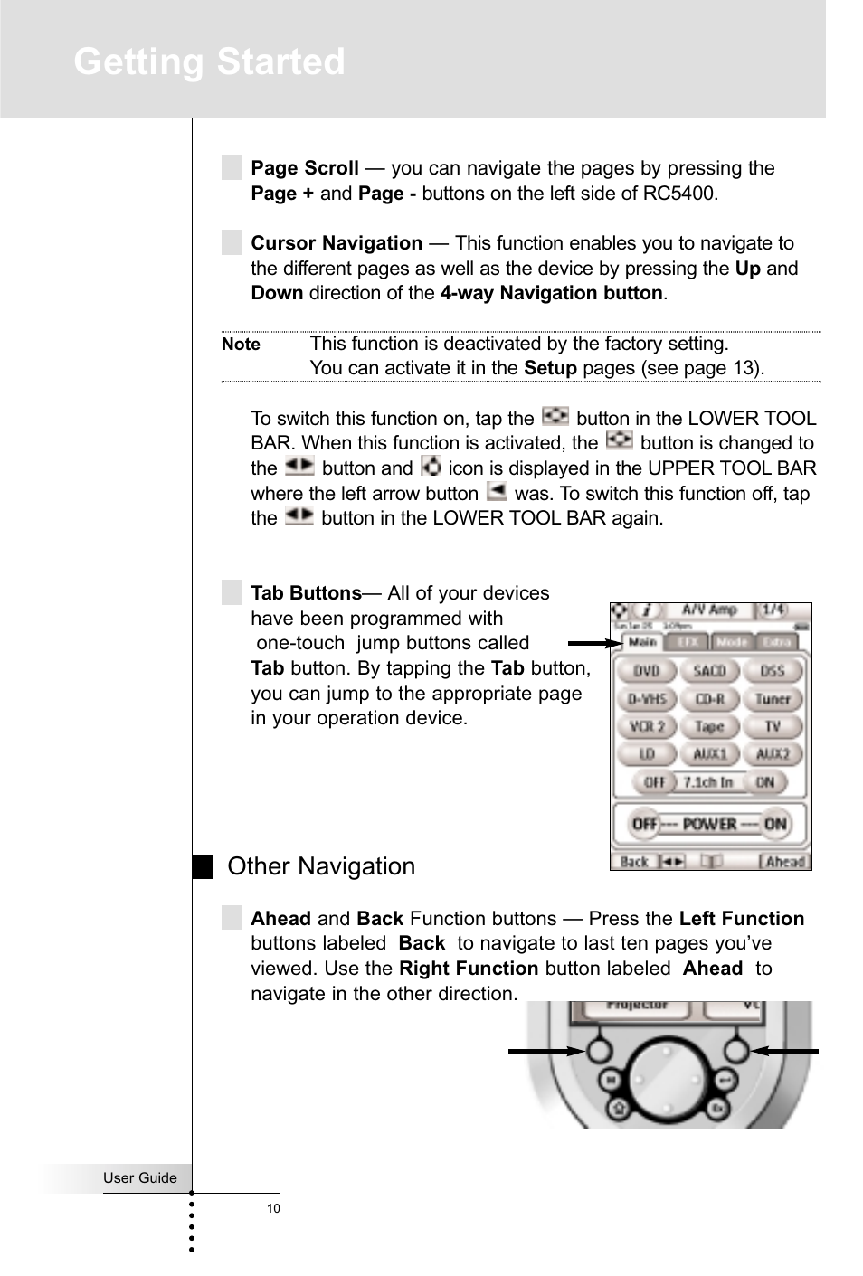 Getting started, Other navigation | Marantz RC5400 User Manual | Page 14 / 68