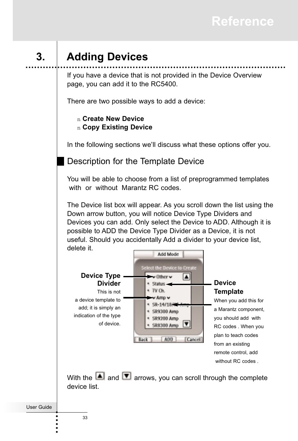 Reference, Adding devices, Description for the template device | Marantz RC5400 User Manual | Page 37 / 68