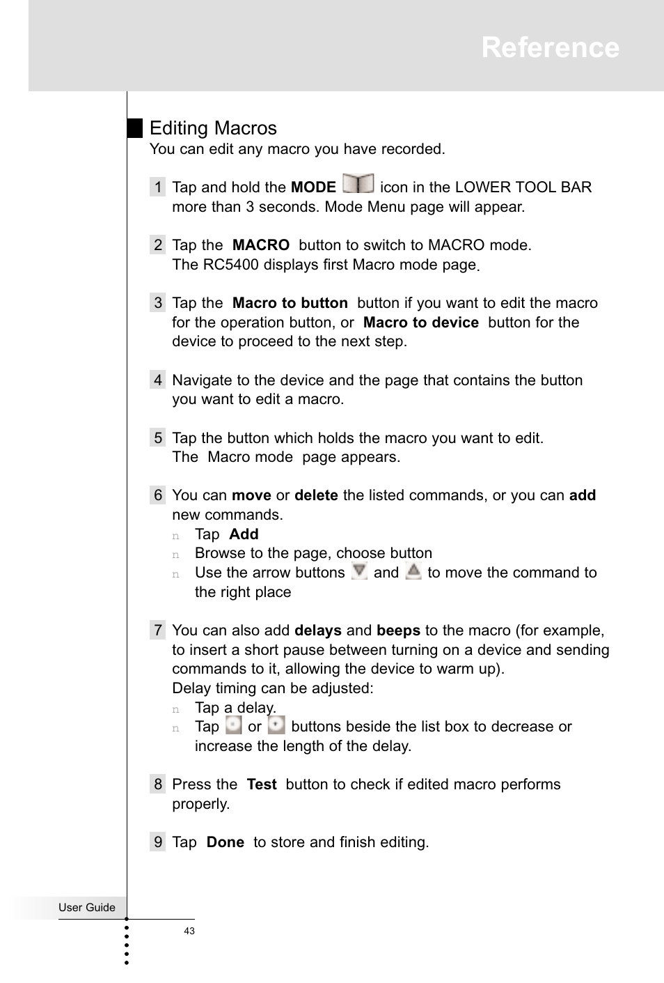 Reference, Editing macros | Marantz RC5400 User Manual | Page 47 / 68