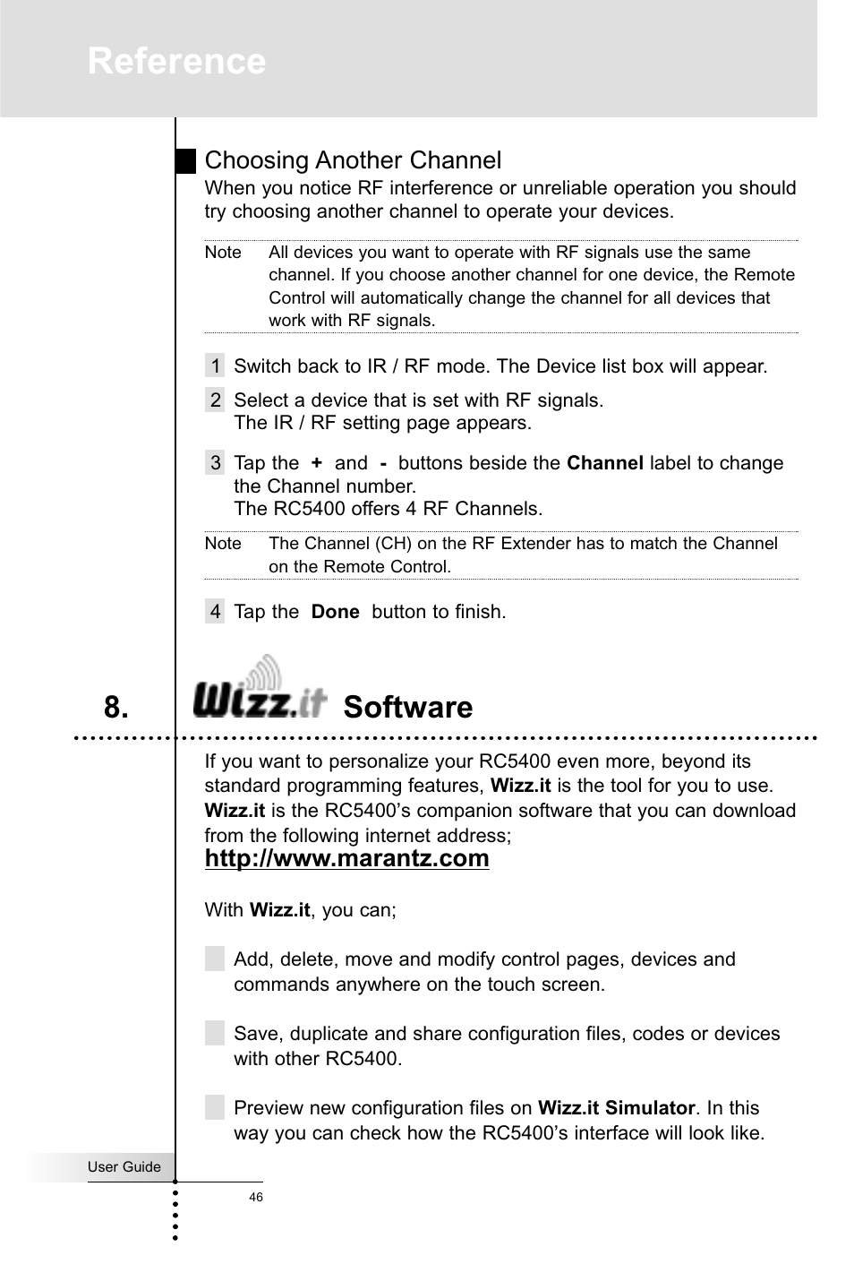 Reference, Software, Choosing another channel | Marantz RC5400 User Manual | Page 50 / 68