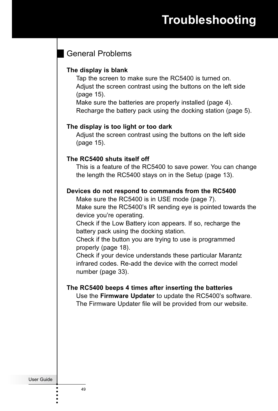 Troubleshooting, General problems | Marantz RC5400 User Manual | Page 53 / 68