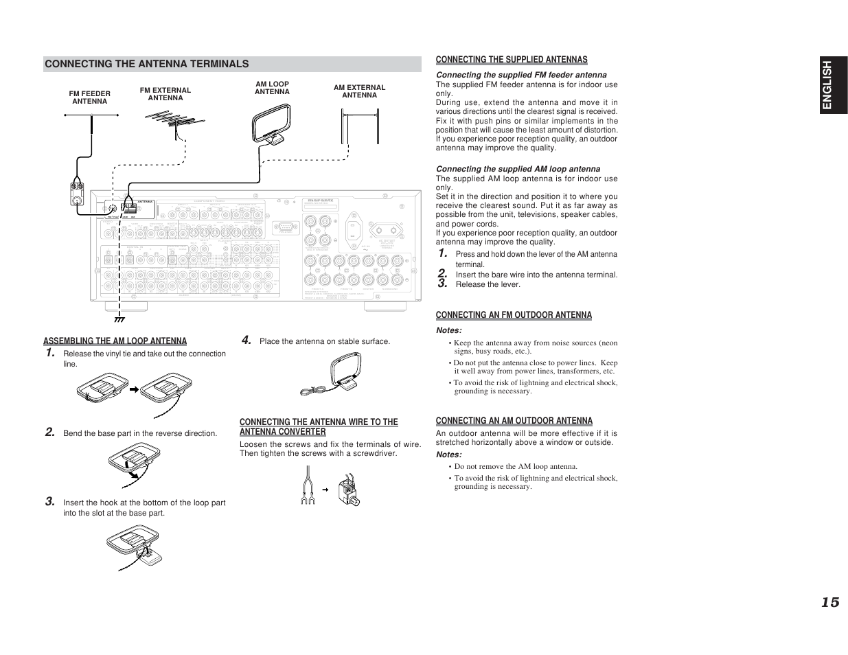 Out in, Dvd in out, Tv out in cb | Pb cr, Pr cr, Pr cb, Pb cb, English, Connecting the antenna terminals, Assembling the am loop antenna | Marantz SR7400 User Manual | Page 18 / 52