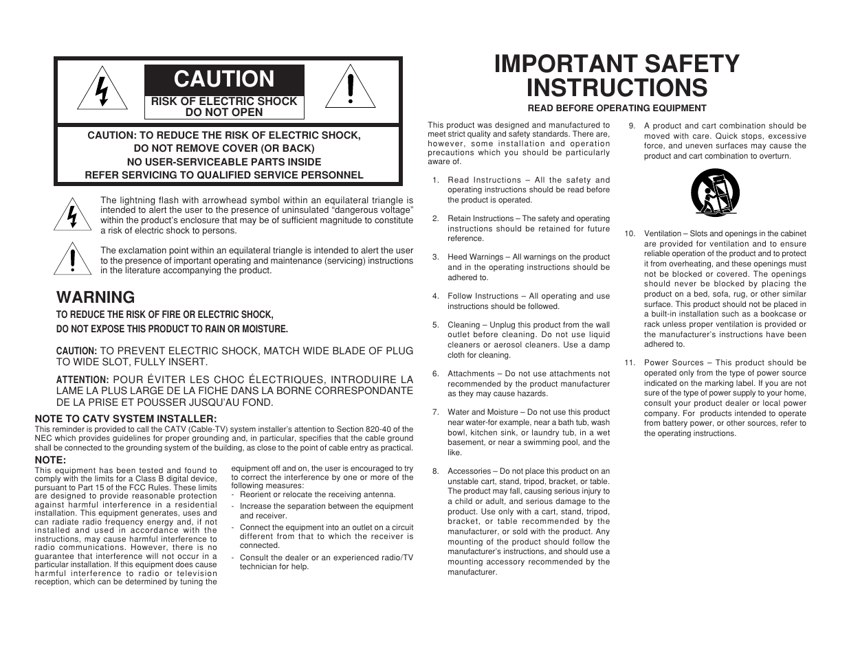 Important safety instructions, Caution, Warning | Marantz SR7400 User Manual | Page 2 / 52