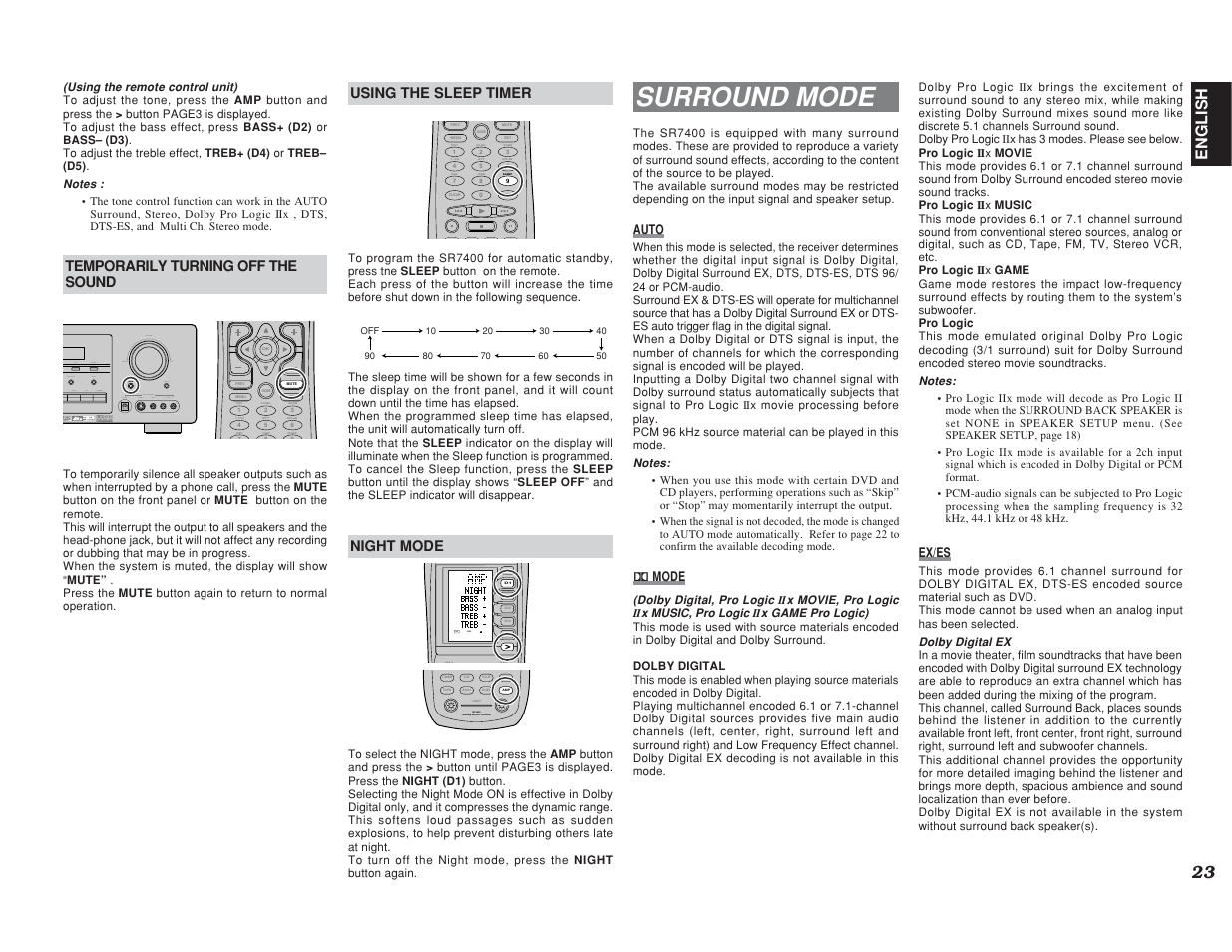 Surround mode, English, Test ch.sel surr 7.1ch att spk-ab disp osd sleep | Sleep, Learning remote controller rc1400, Use page | Marantz SR7400 User Manual | Page 26 / 52